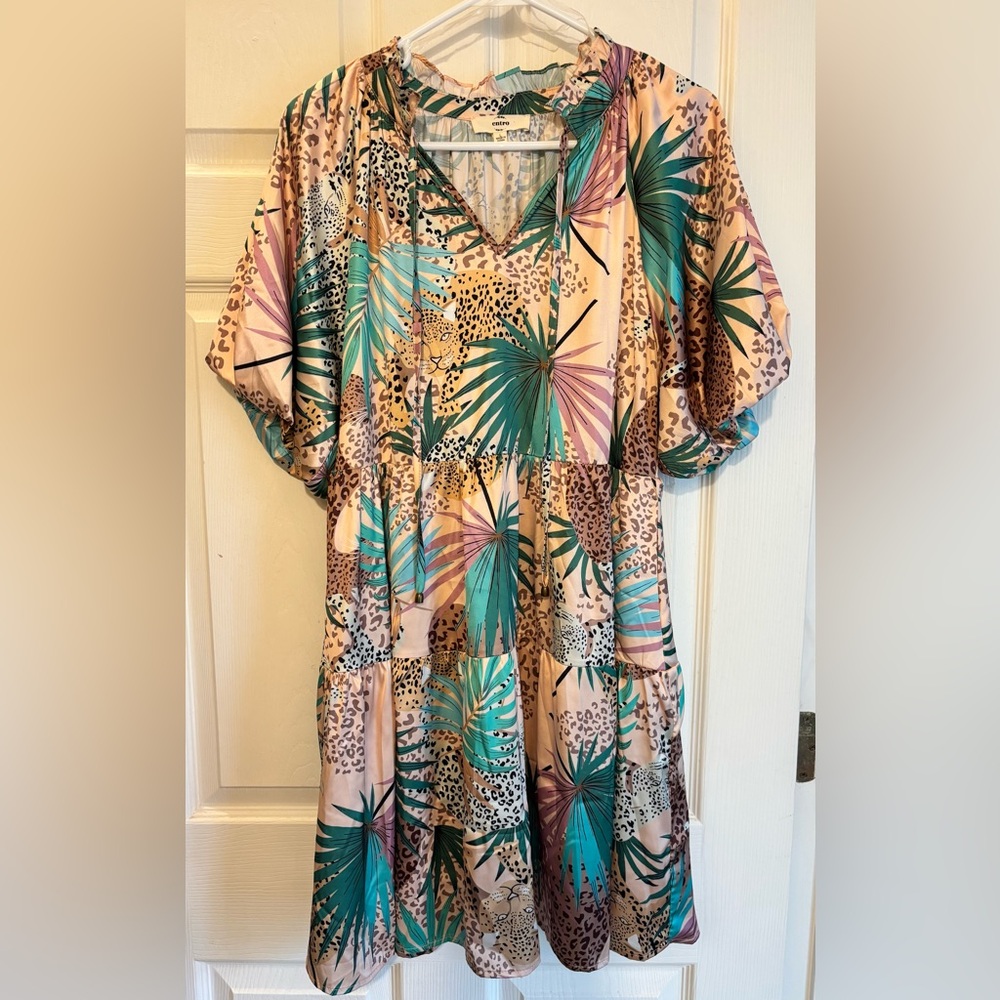 Tropical Print Dress with Leopard Accents